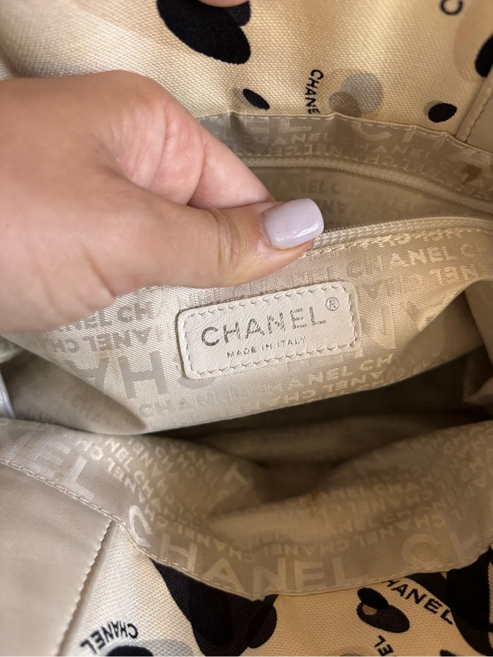 Authentic CHANEL vintage mini beige black Surfline canvas tote